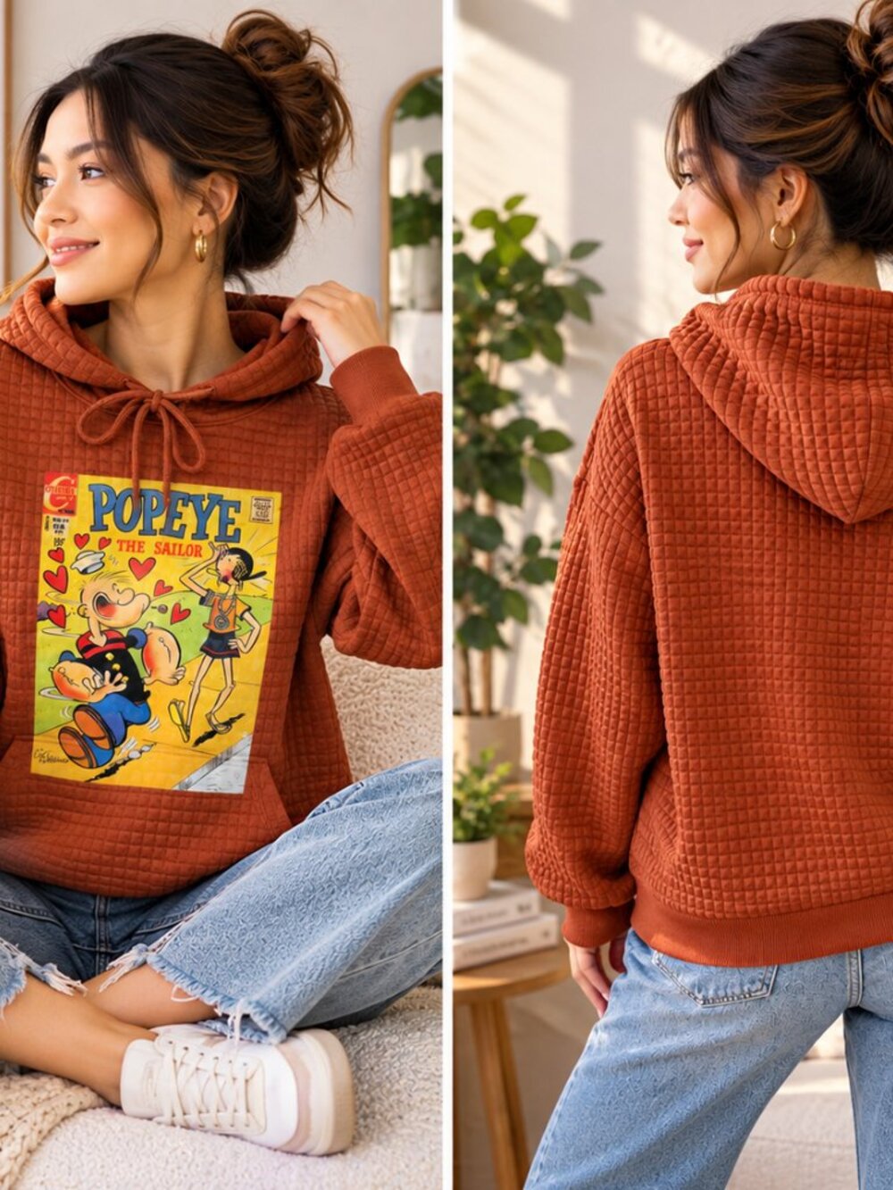 Popeye Graphic Waffle Knit Hoodie Rust Brown Size M